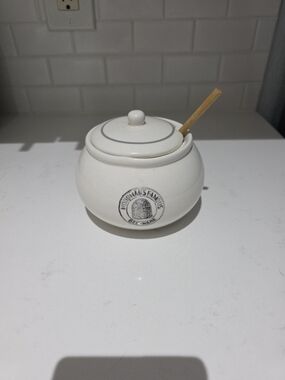 Creative Co-Op Woodmans Famous White Ceramic Jar with Logo Stamp
